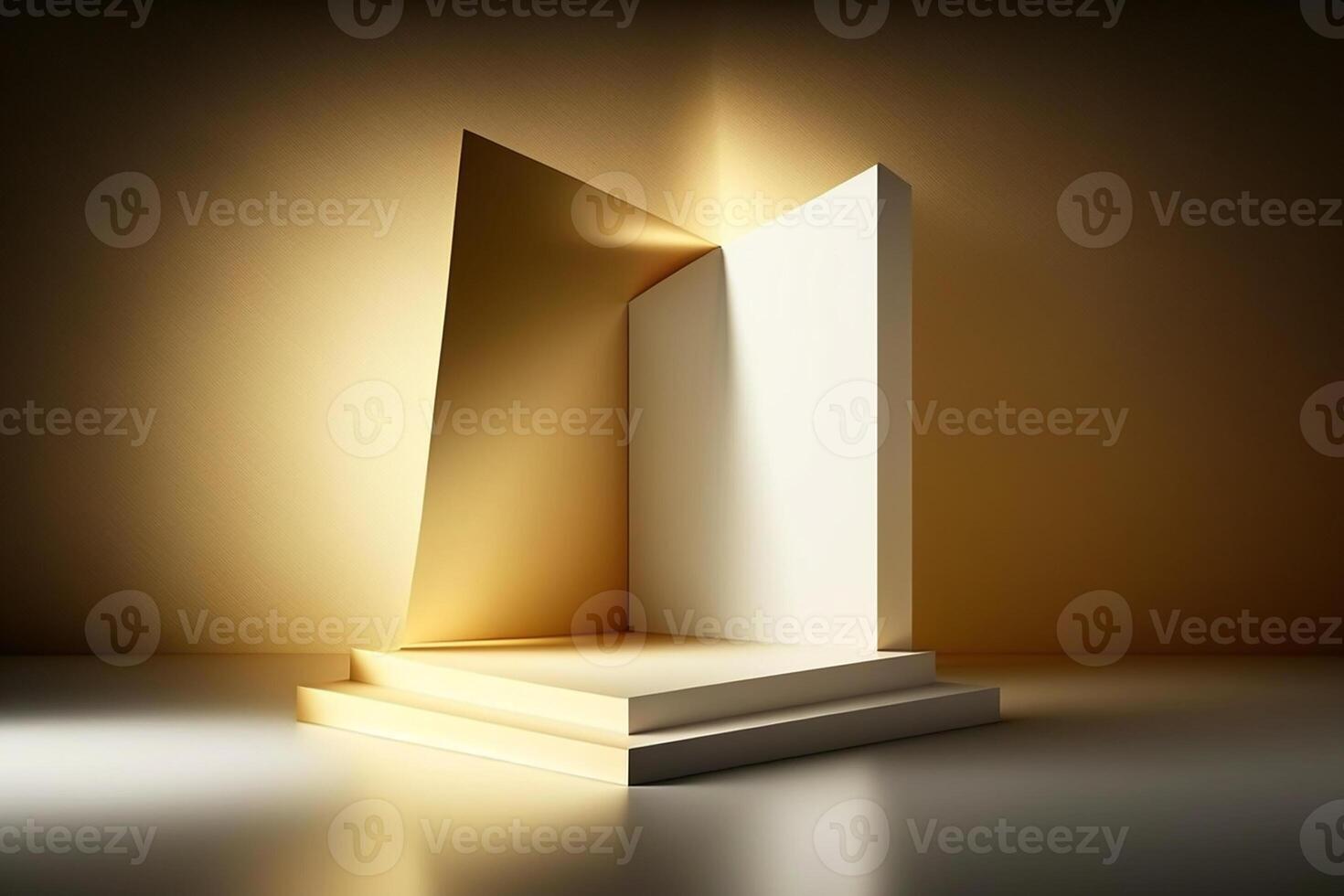 Illustrations. Yellow golden stage podium mock up product display showcase, promo template for business and technology premium brand display platform. photo