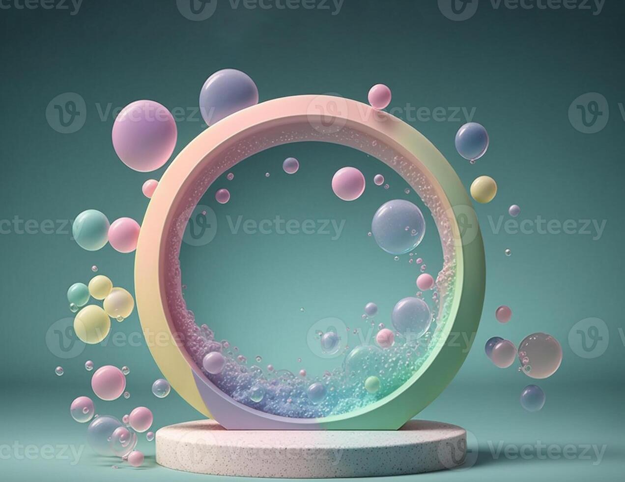 generativo ai ilustraciones. de colores jabón burbujas en etapa vistoso podio decoración, pastel color, burlarse de arriba producto mostrar. resumen transparente burbujas foto