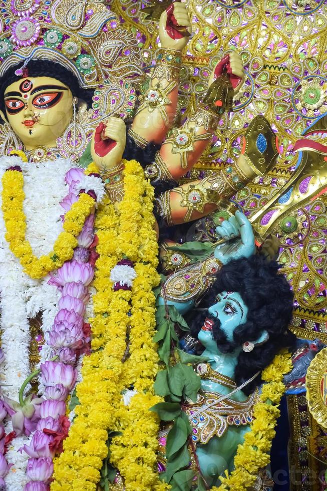 Goddess Durga with traditional look in close up view at a South Kolkata Durga Puja, Durga Puja Idol, A biggest Hindu Navratri festival in India photo