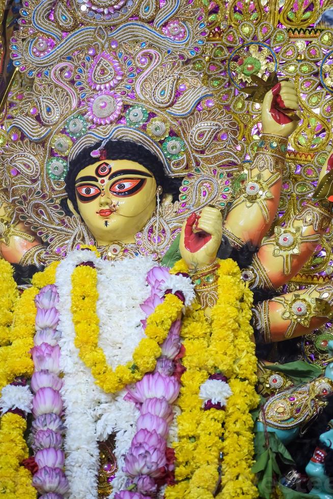 Goddess Durga with traditional look in close up view at a South Kolkata Durga Puja, Durga Puja Idol, A biggest Hindu Navratri festival in India photo