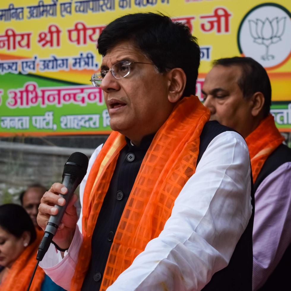 New Delhi, India - March 27 2023 - Piyush Goyal Cabinet Minister and core member of Bharatiya Janata Party - BJP during a rally in support of BJP candidate ahead of MCD local body Elections 2022 photo