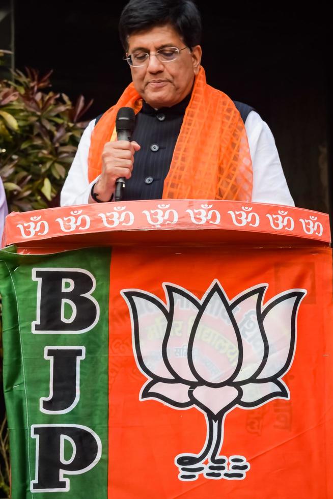 New Delhi, India - March 27 2023 - Piyush Goyal Cabinet Minister and core member of Bharatiya Janata Party - BJP during a rally in support of BJP candidate ahead of MCD local body Elections 2022 photo