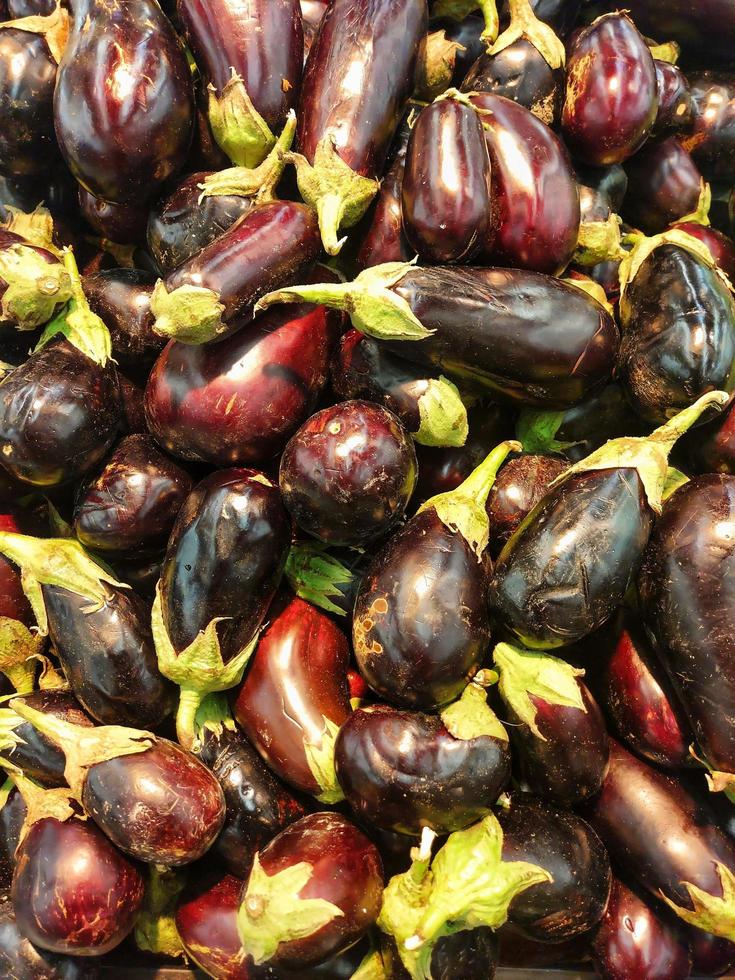 verano Fresco orgánico berenjena en el mercado, pila de crudo berenjena foto