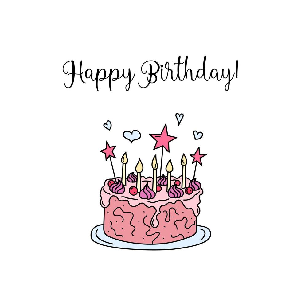 contento cumpleaños saludo tarjeta. gracioso garabatear pastel con velas cumpleaños fiesta cuadrado tarjeta postal diseño. vector vistoso mano dibujado niño cumpleaños ilustración