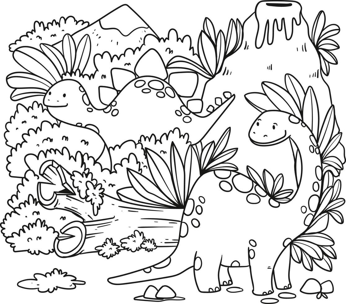 Vector illustration of dinosaurs and nature for coloring page, coloring book, etc