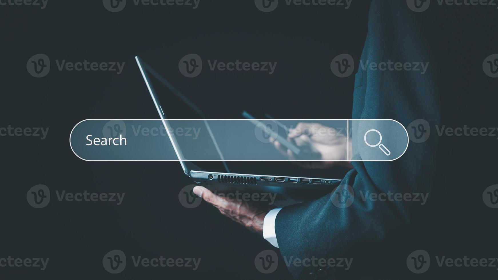 Searching Browsing Internet Data Information with blank search bar. business people working with computer and mobile for finding data. photo