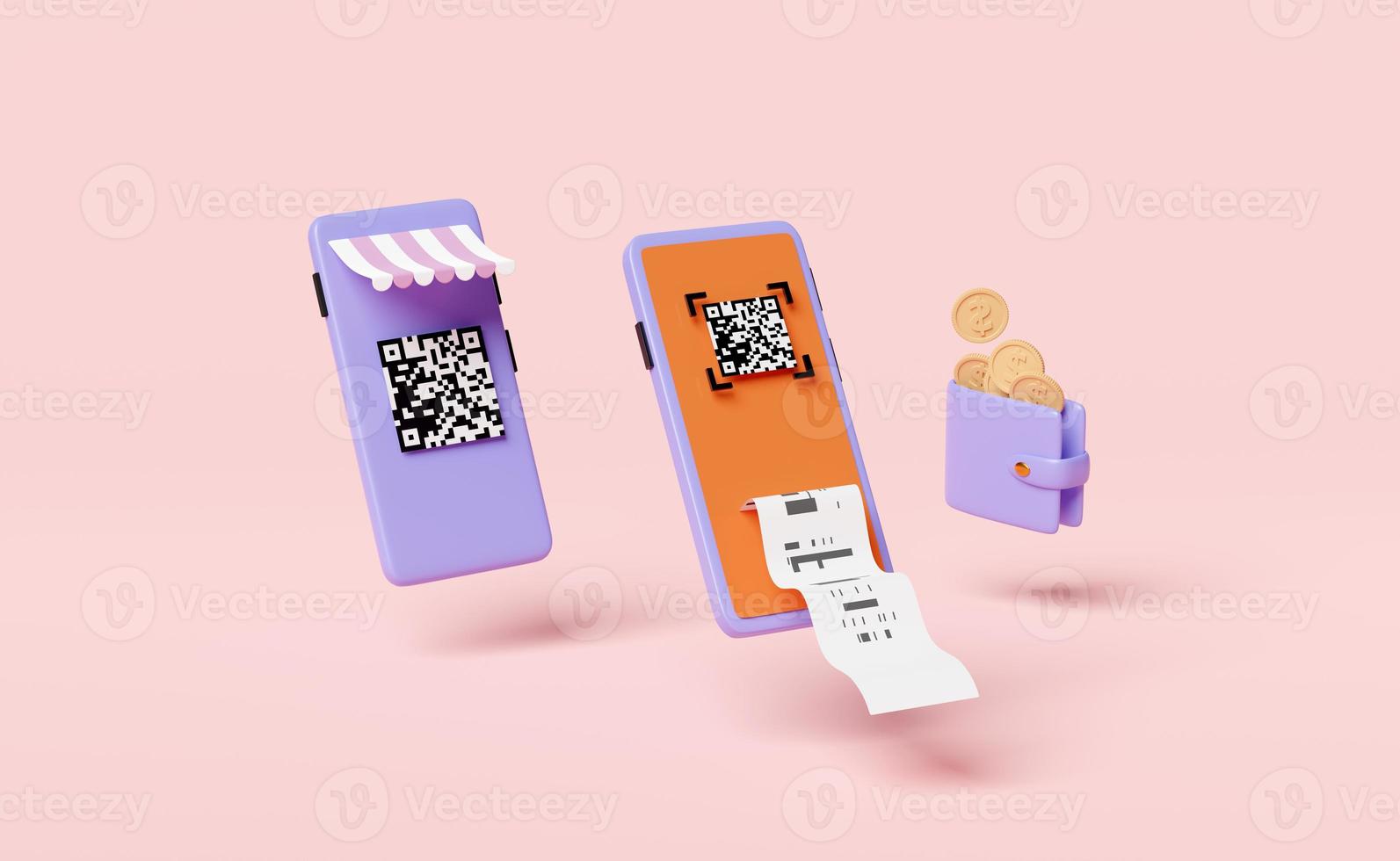 móvil teléfono, teléfono inteligente con Tienda frente, código de barras, qr código escaneo,billetera,moneda,pago electrónico cuenta aislado en rosado fondo.online compras concepto, 3d ilustración, 3d hacer foto