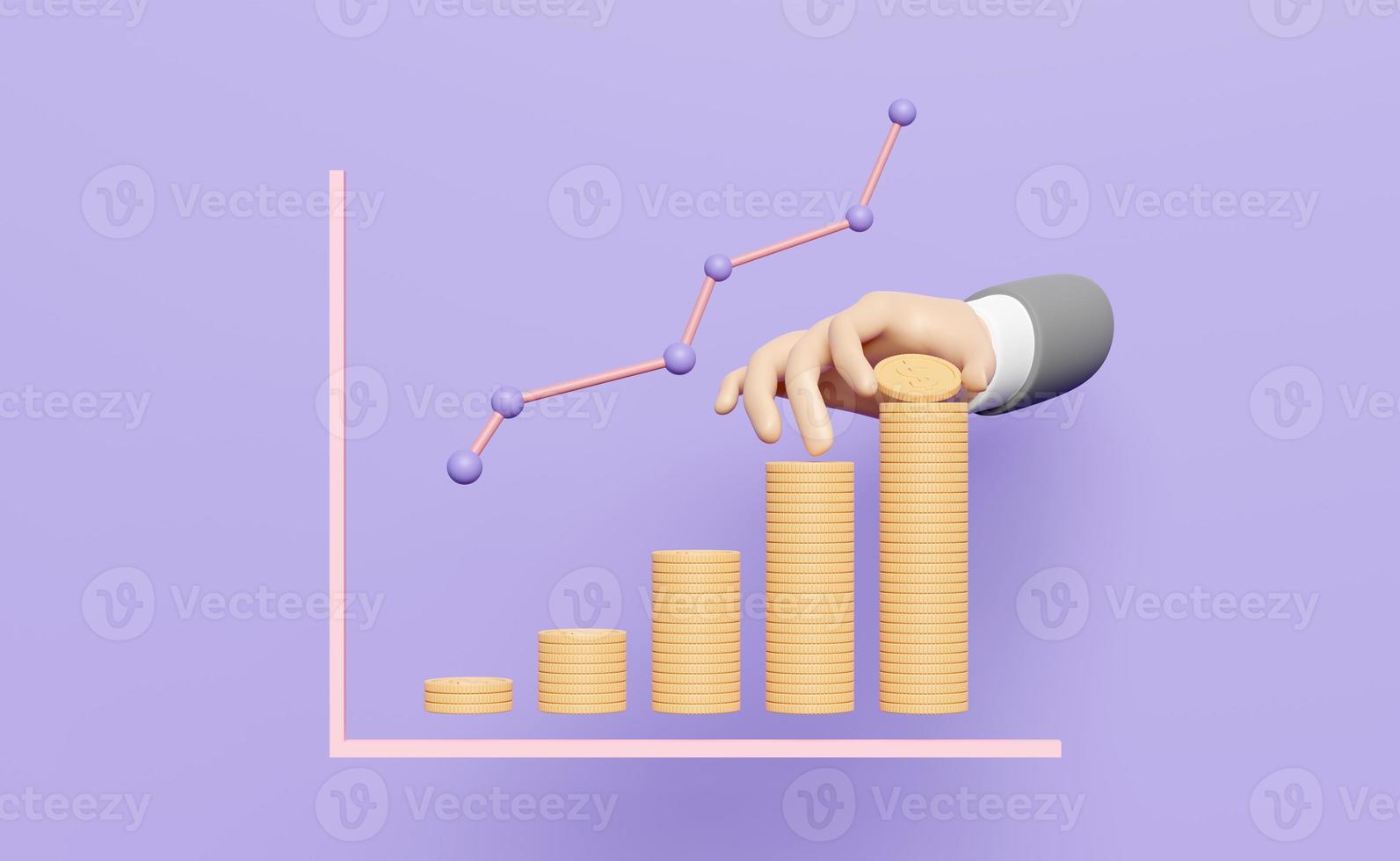 character businessman hands holding coin with charts and graph, pile stacked coin isolated on purple background. saving money, business growth, fund, interest concept, 3d illustration or 3d render photo