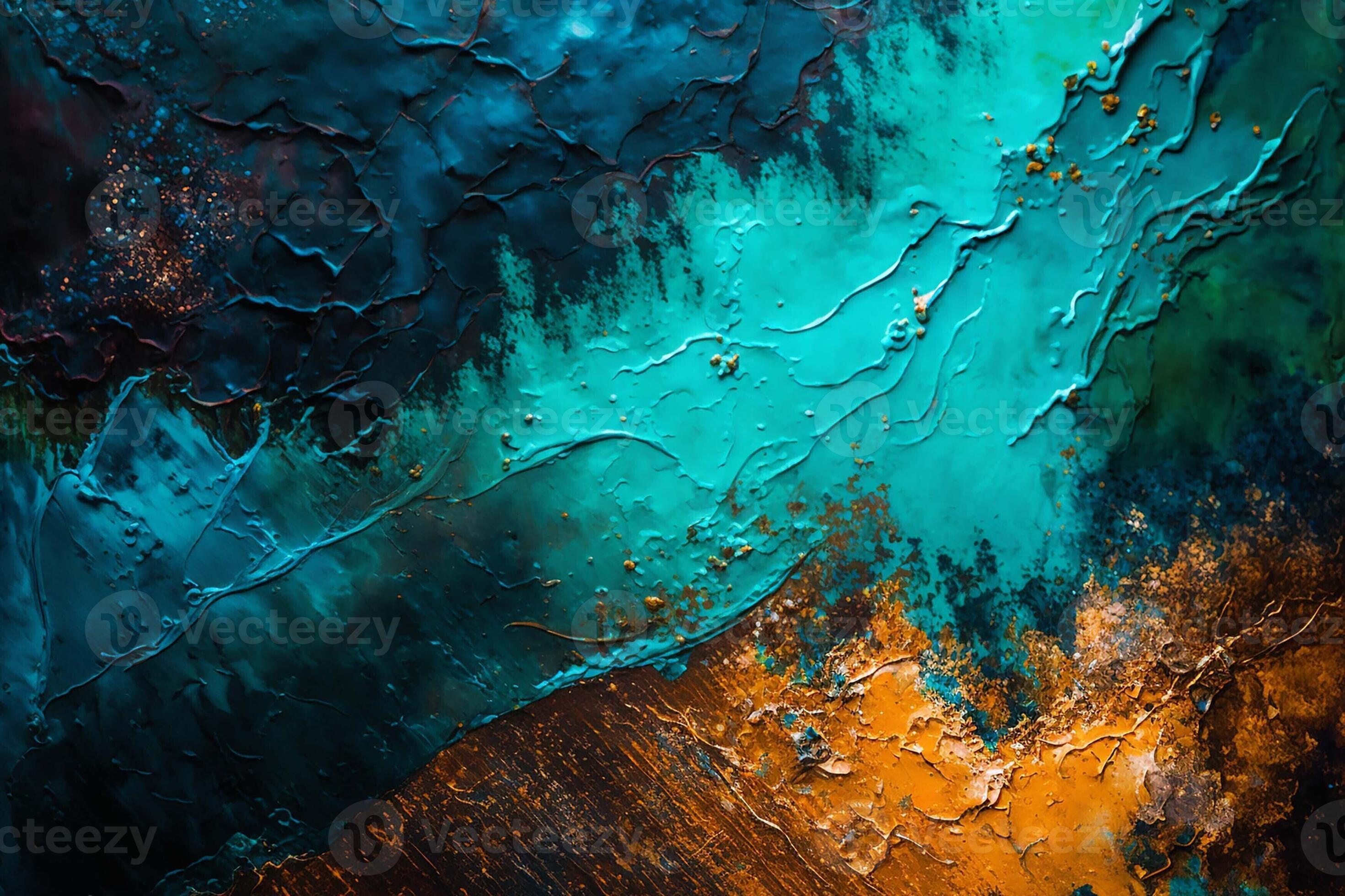 Oxidized Metal blue green Copper Patina. Abstract oil and acryl