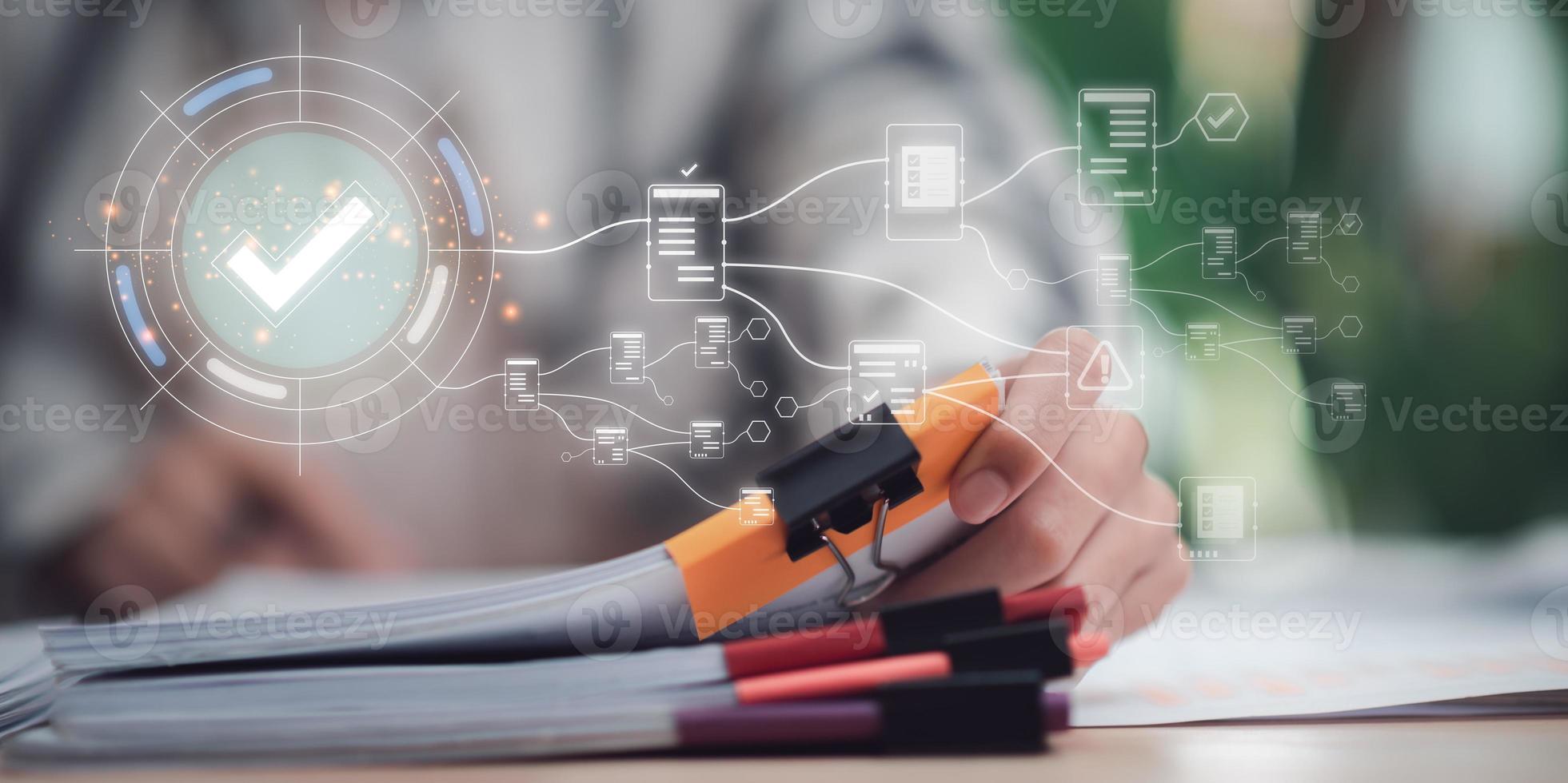 accountant Audit documents, quality assessment management With a checklist, business document evaluation process, market data report analysis and consulting, plan review process and assess correctness photo