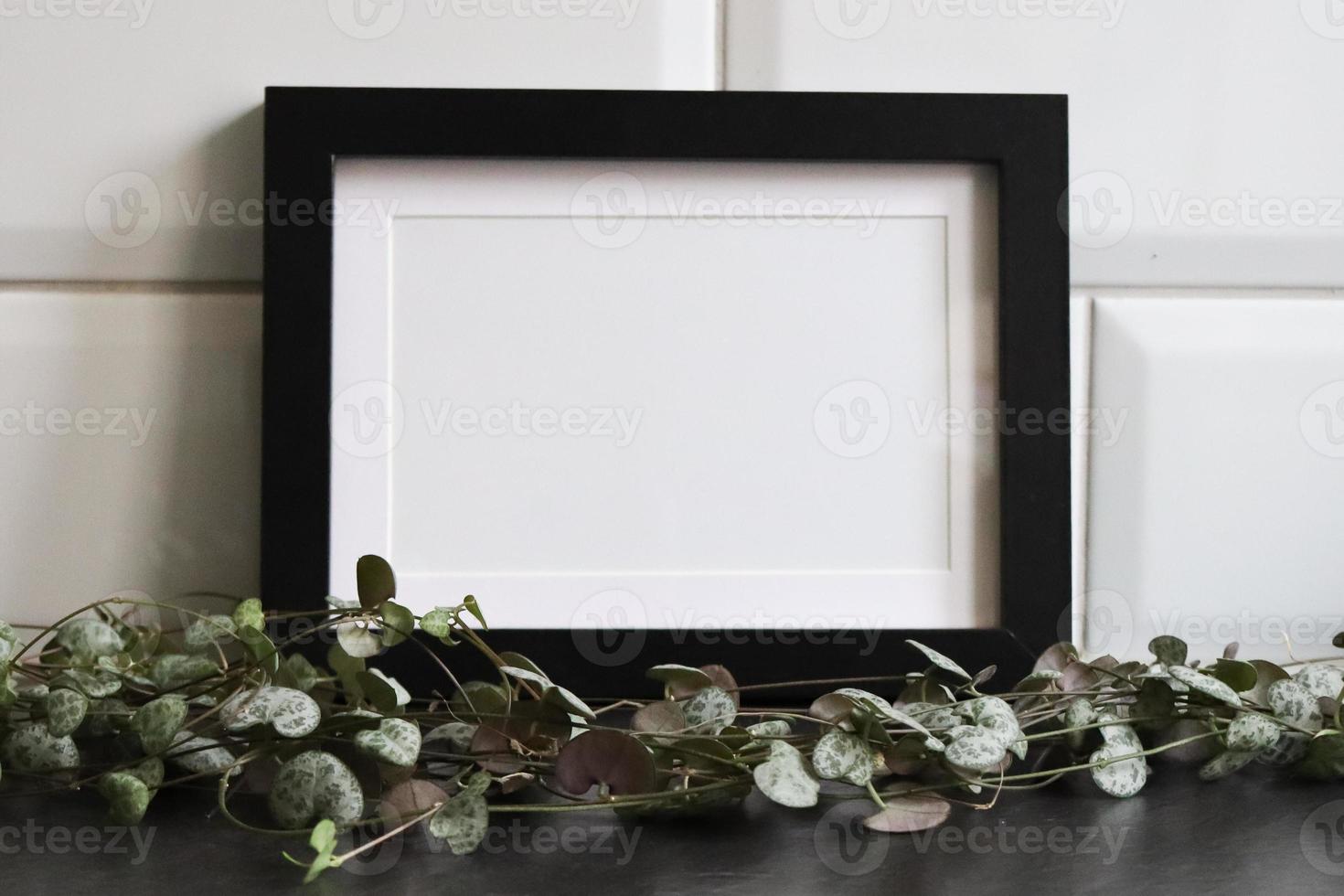 Horizontal black frame mockup with pearl of hearts plant photo