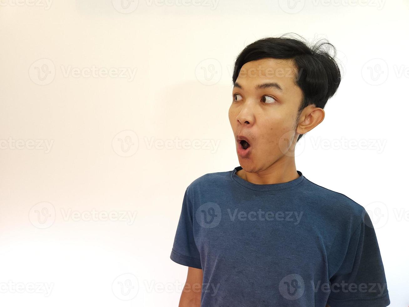 Shocked and surprised face of Asian man in isolated on white background photo