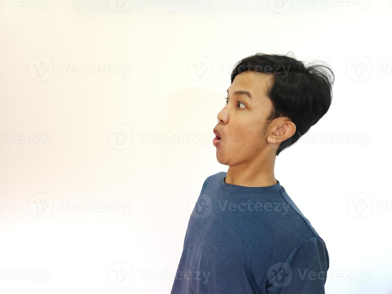 Shocked and surprised face of Asian man in isolated on white background photo