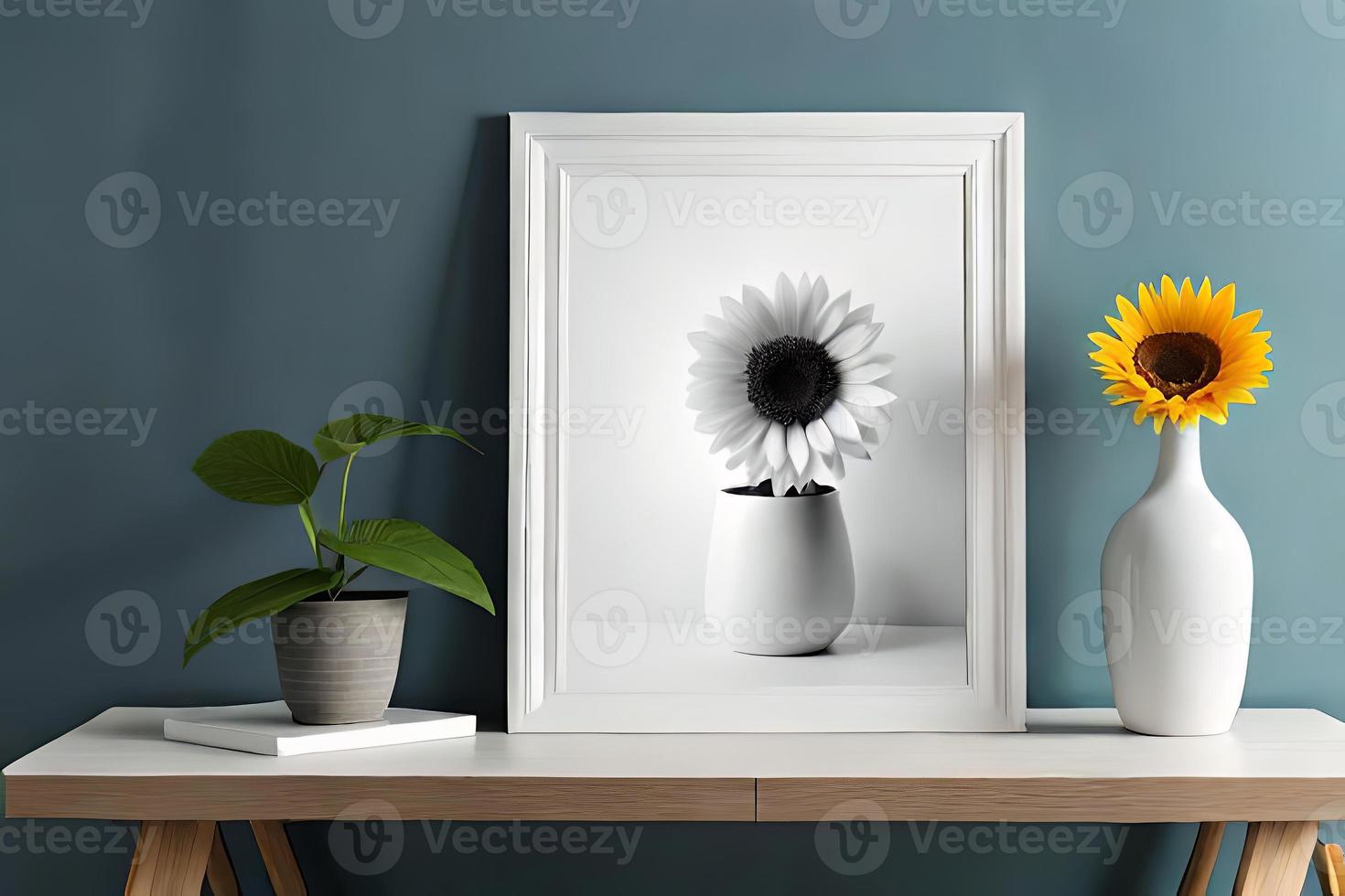 Minimal White Picture Frame Canvas Display With Flower in Vase photo