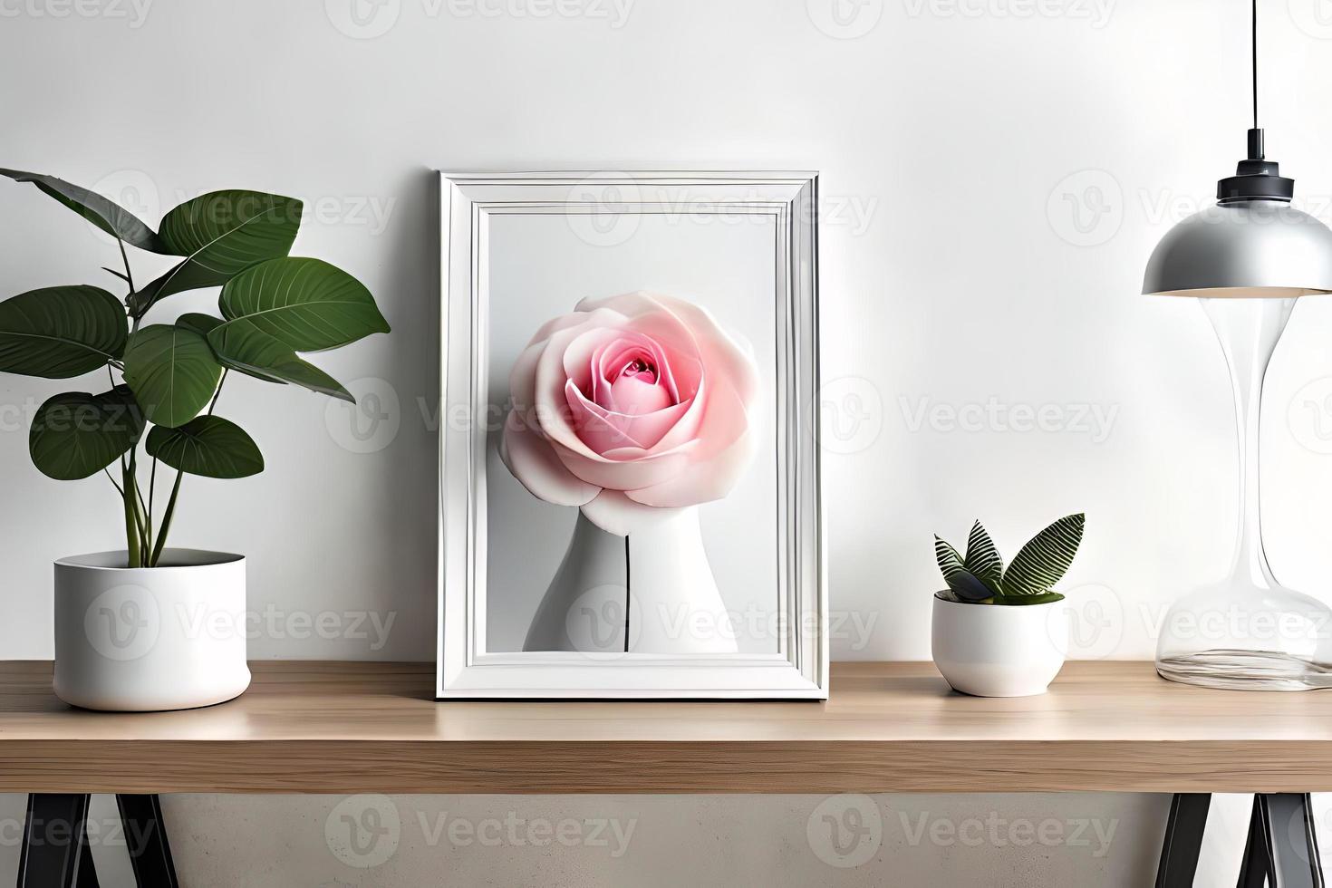 Minimal White Picture Frame Canvas Display With Flower in Vase photo