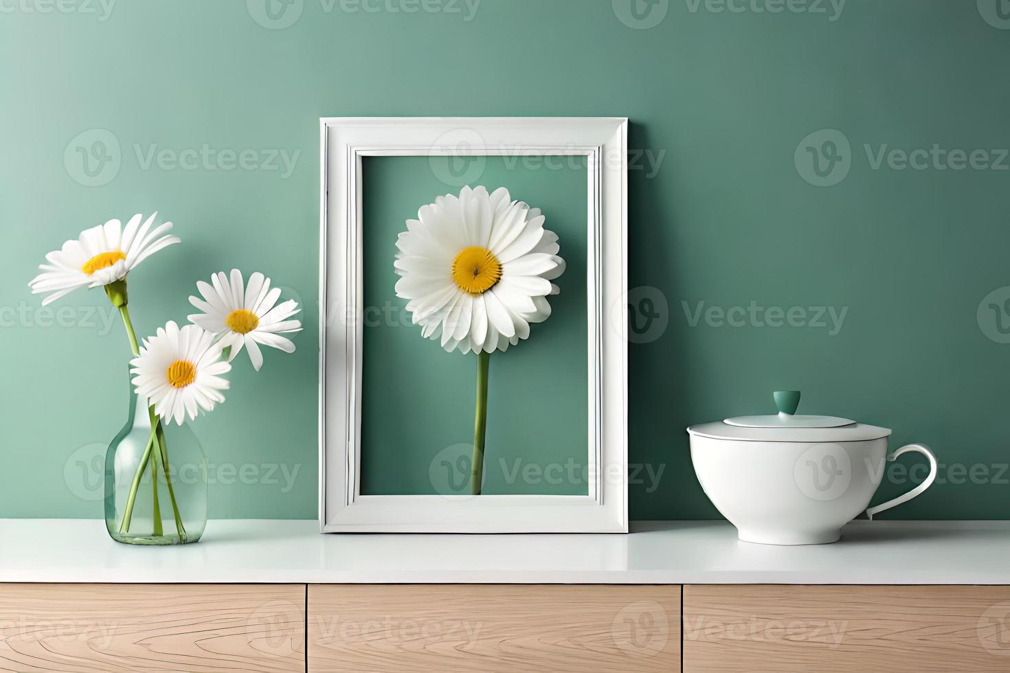 Minimal White Picture Frame Canvas Display With Flower in Vase photo