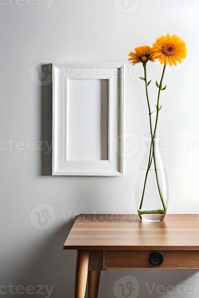 Minimal White Picture Frame Canvas Display With Flower in Vase photo