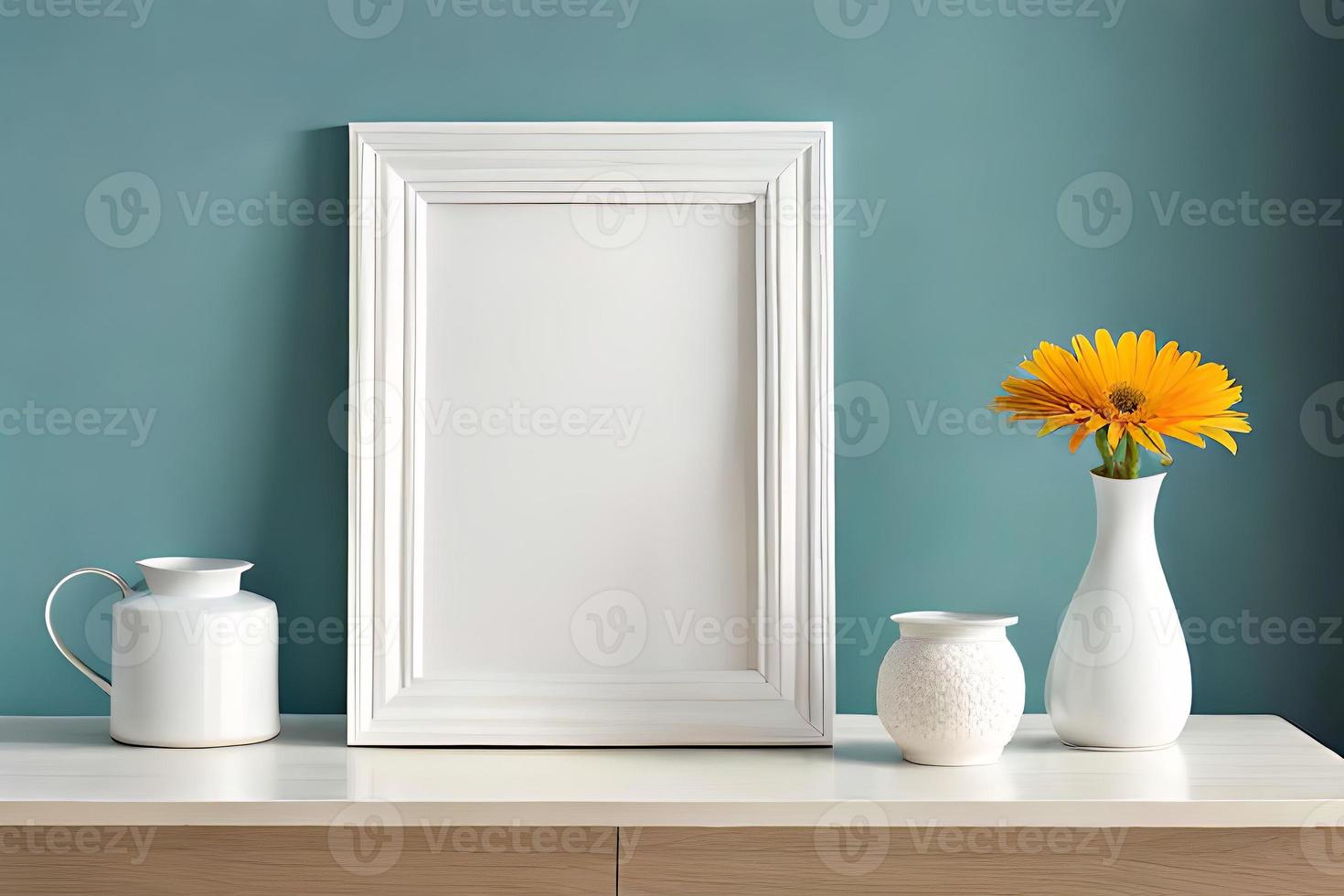 Minimal White Picture Frame Canvas Display With Flower in Vase photo