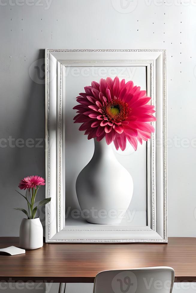 Minimal White Picture Frame Canvas Display With Flower in Vase photo