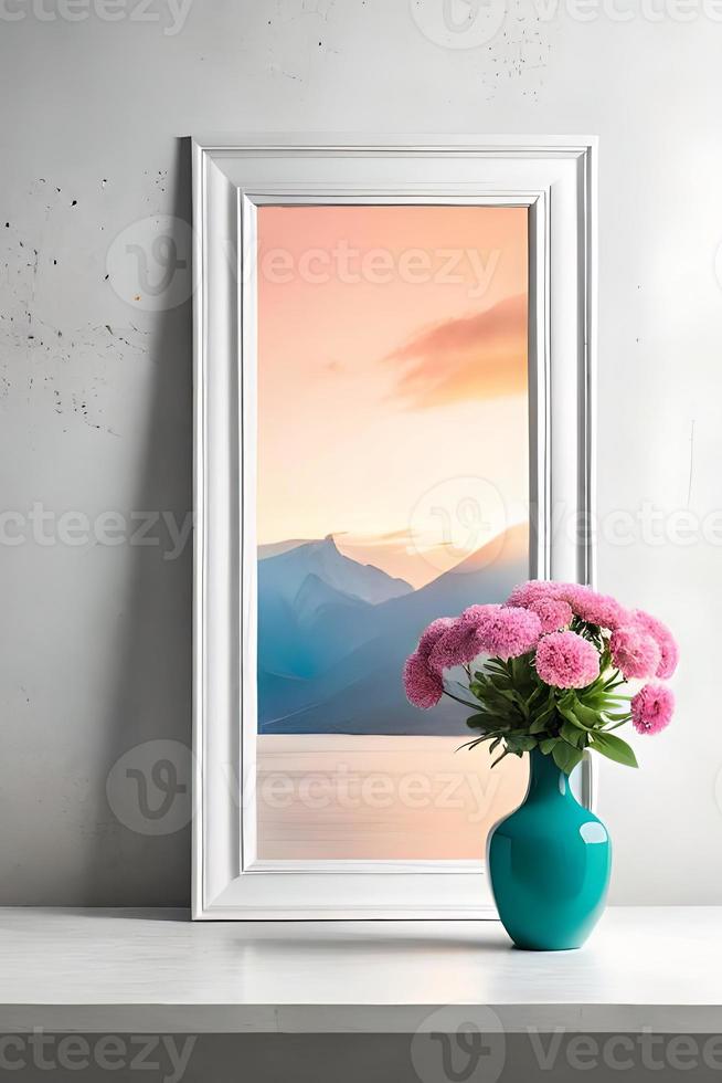 Minimal White Picture Frame Canvas Display With Flower in Vase photo