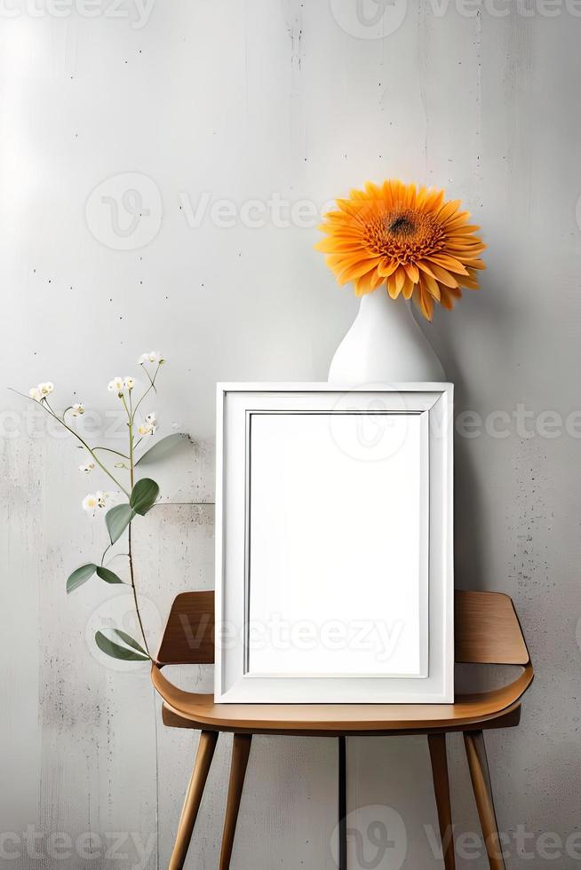 Minimal White Picture Frame Canvas Display With Flower in Vase photo