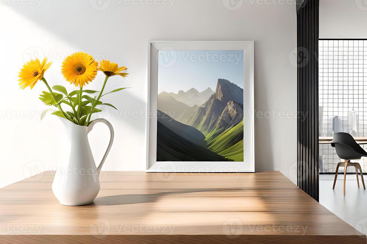 Minimal White Picture Frame Canvas Display With Flower in Vase photo