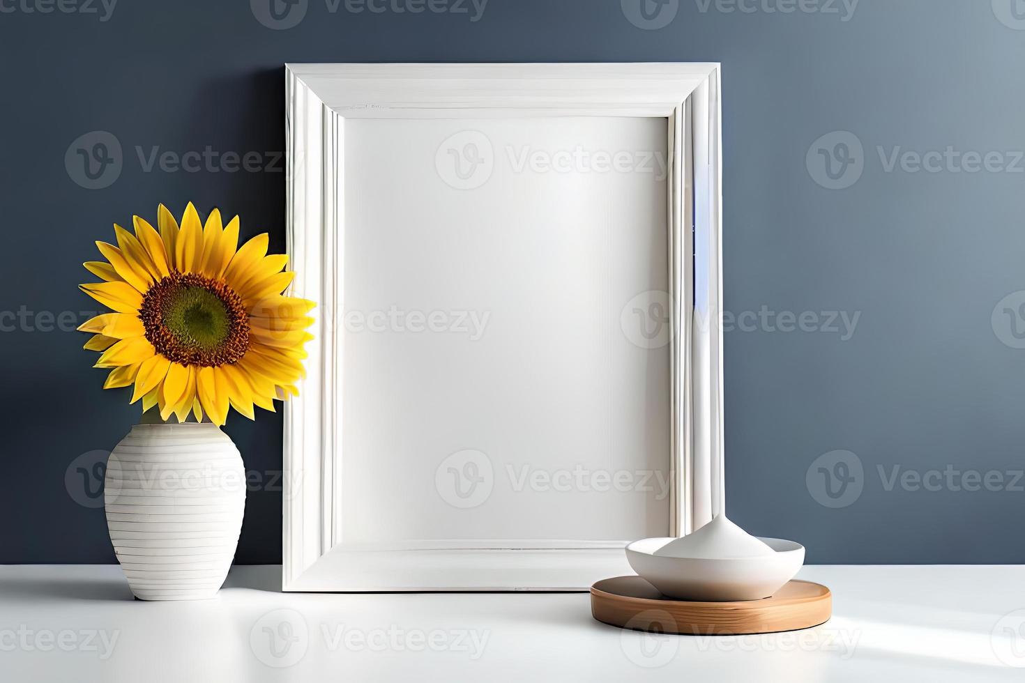 Minimal White Picture Frame Canvas Display With Flower in Vase photo