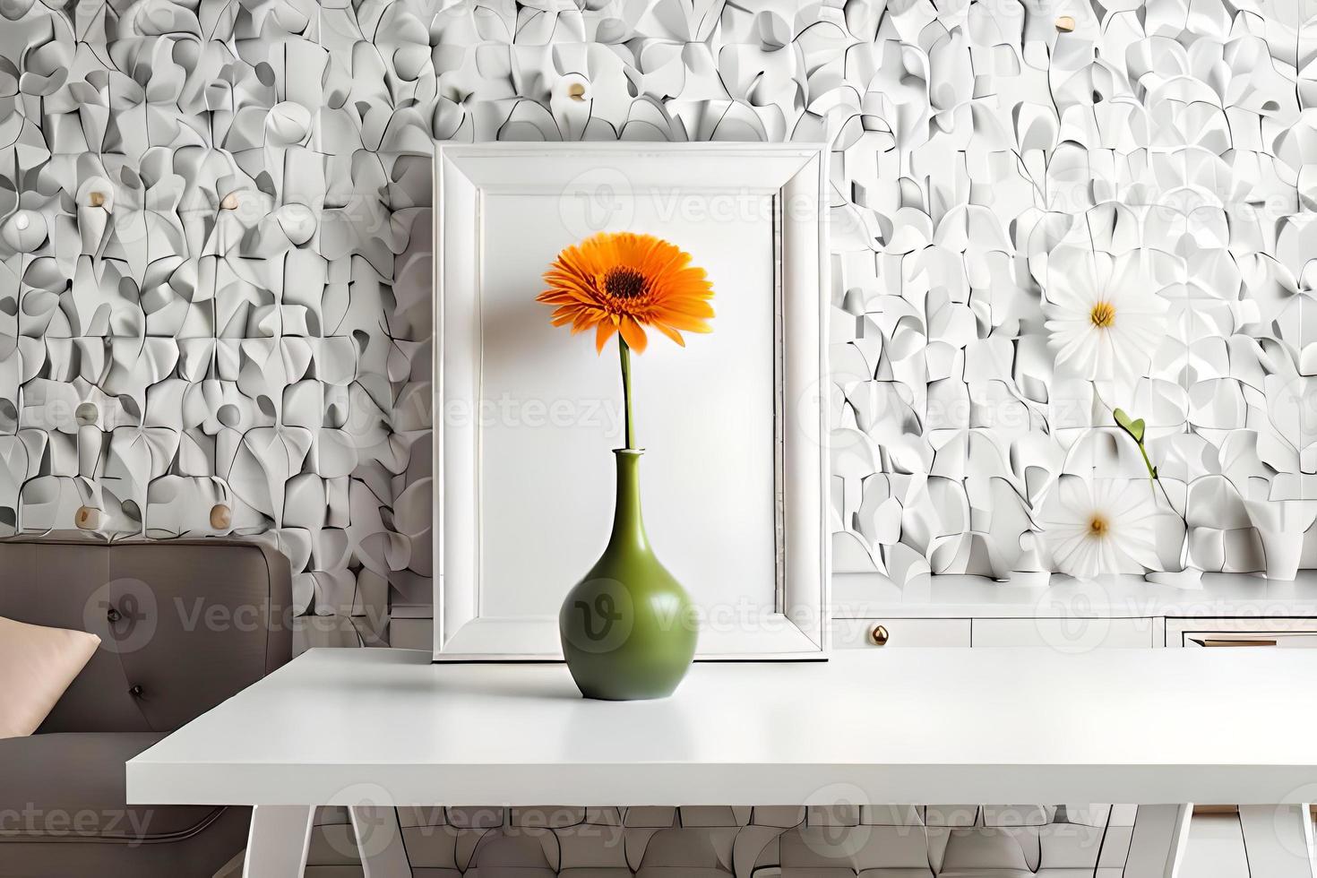 Minimal White Picture Frame Canvas Display With Flower in Vase photo