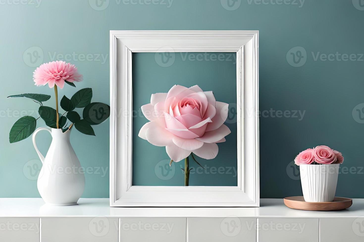 Minimal White Picture Frame Canvas Display With Flower in Vase photo