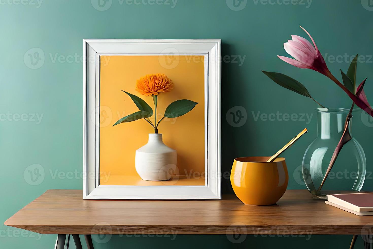 Minimal White Picture Frame Canvas Display With Flower in Vase photo