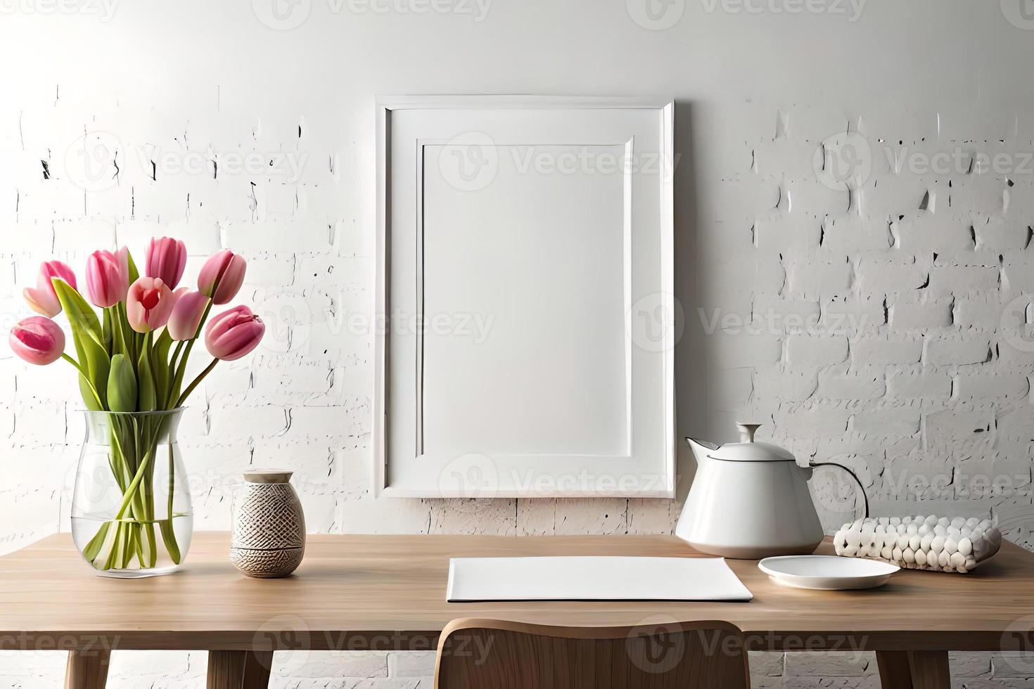 Minimal White Picture Frame Canvas Display With Flower in Vase photo