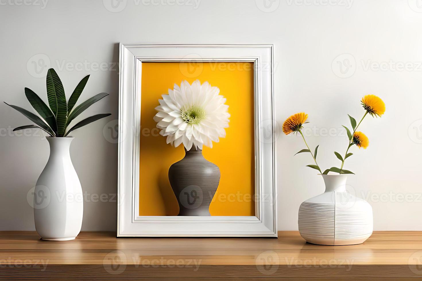 Minimal White Picture Frame Canvas Display With Flower in Vase photo