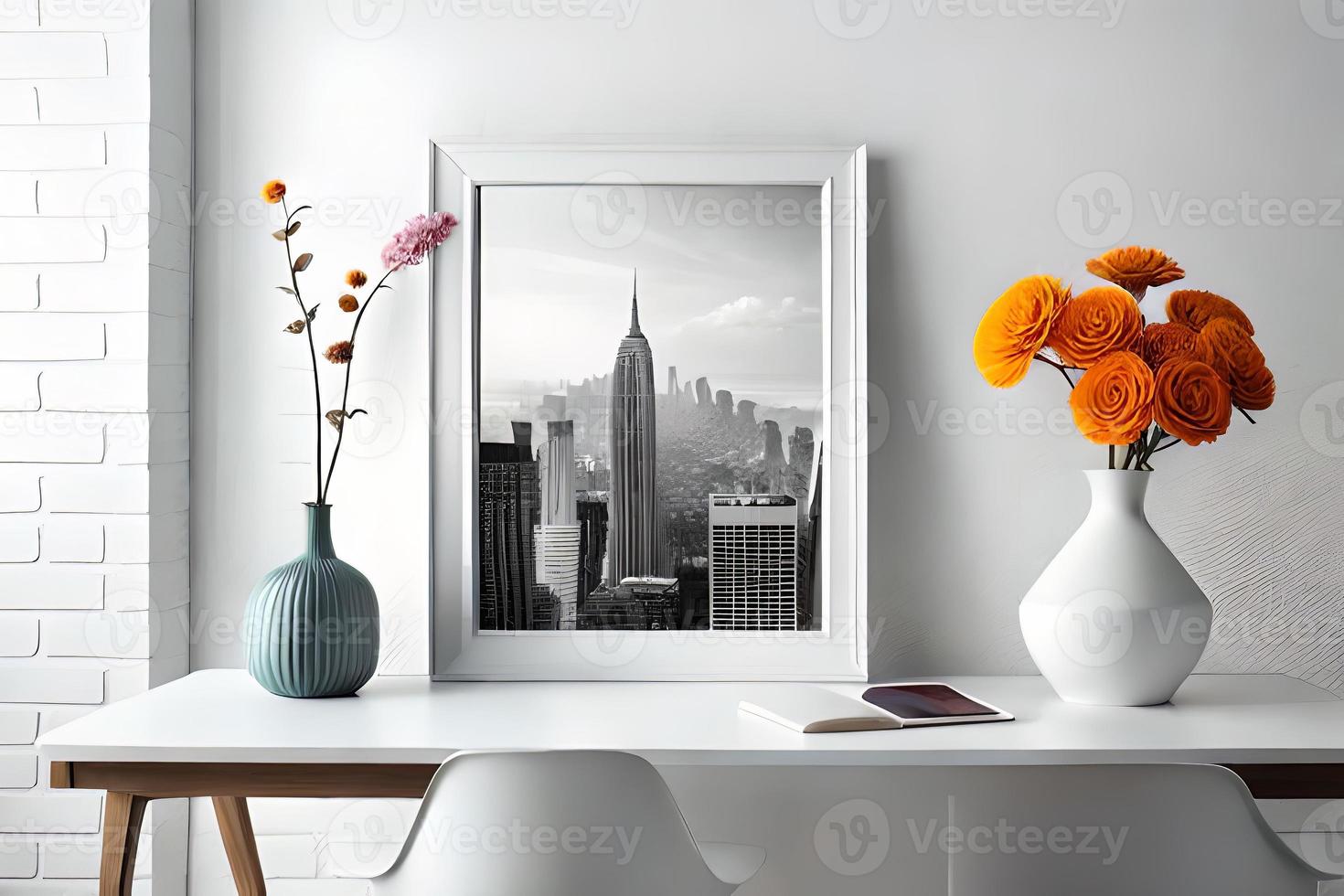 Minimal White Picture Frame Canvas Display With Flower in Vase photo