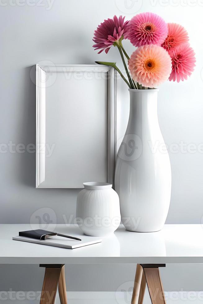 Minimal White Picture Frame Canvas Display With Flower in Vase photo