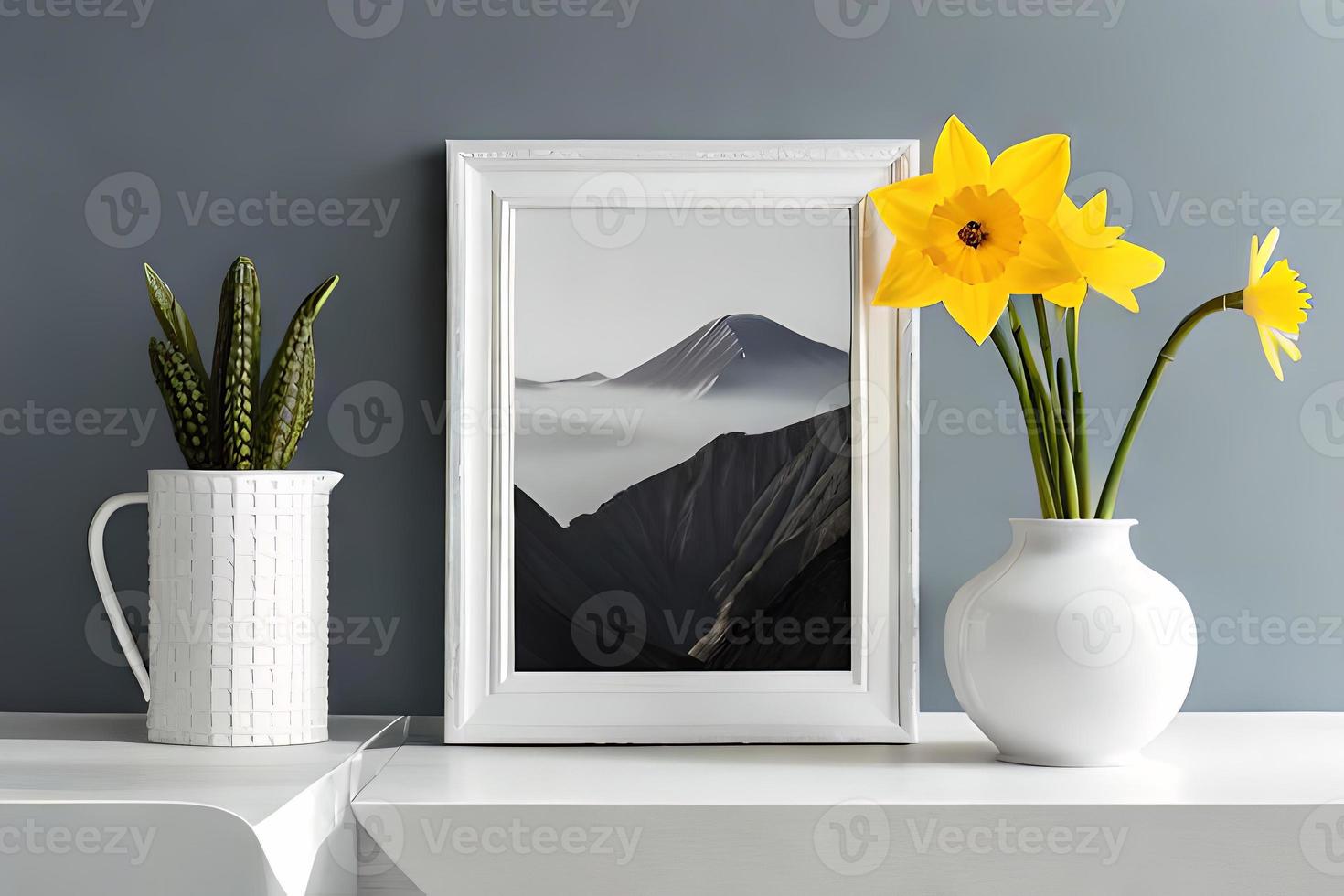 Minimal White Picture Frame Canvas Display With Flower in Vase photo