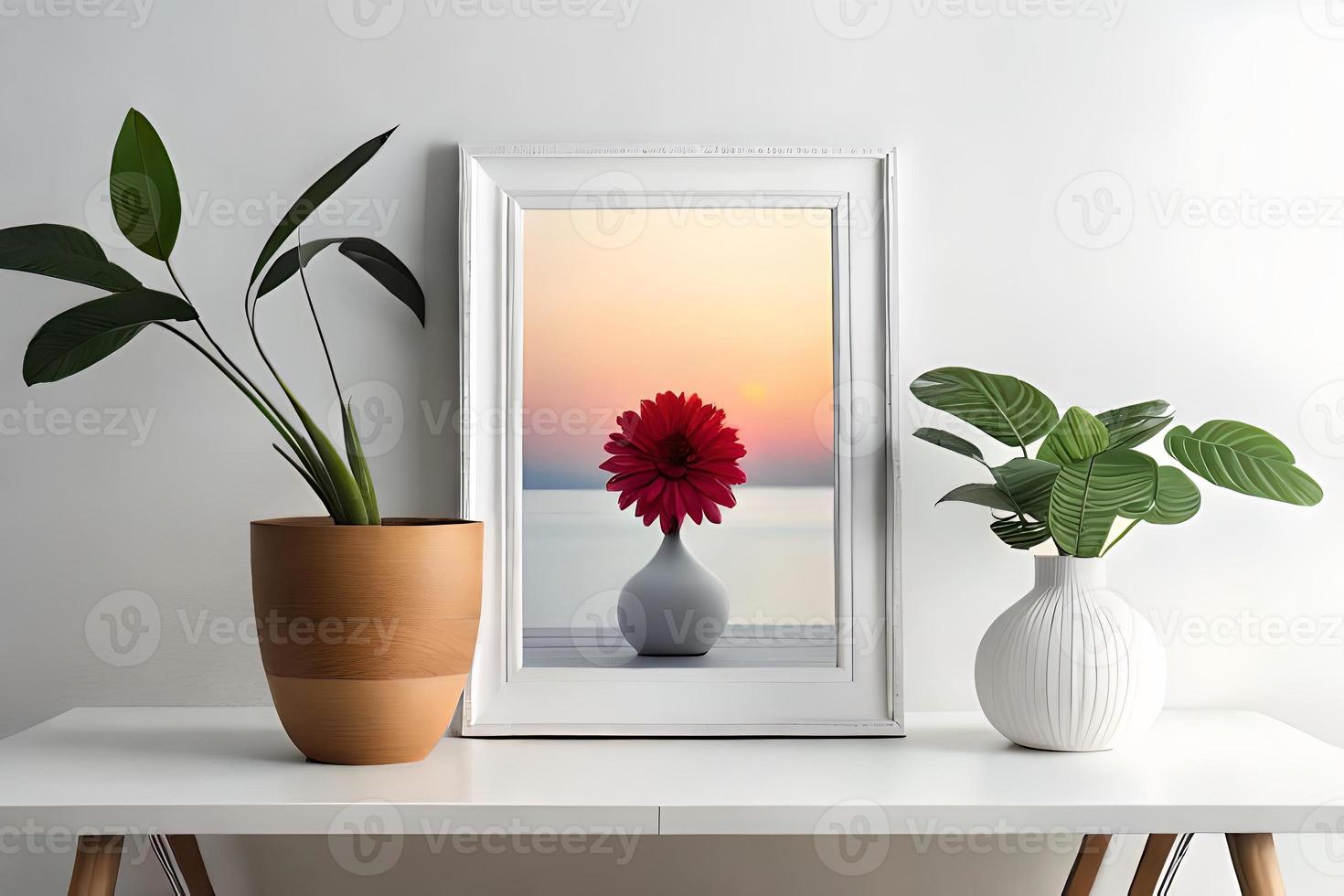 Minimal White Picture Frame Canvas Display With Flower in Vase photo