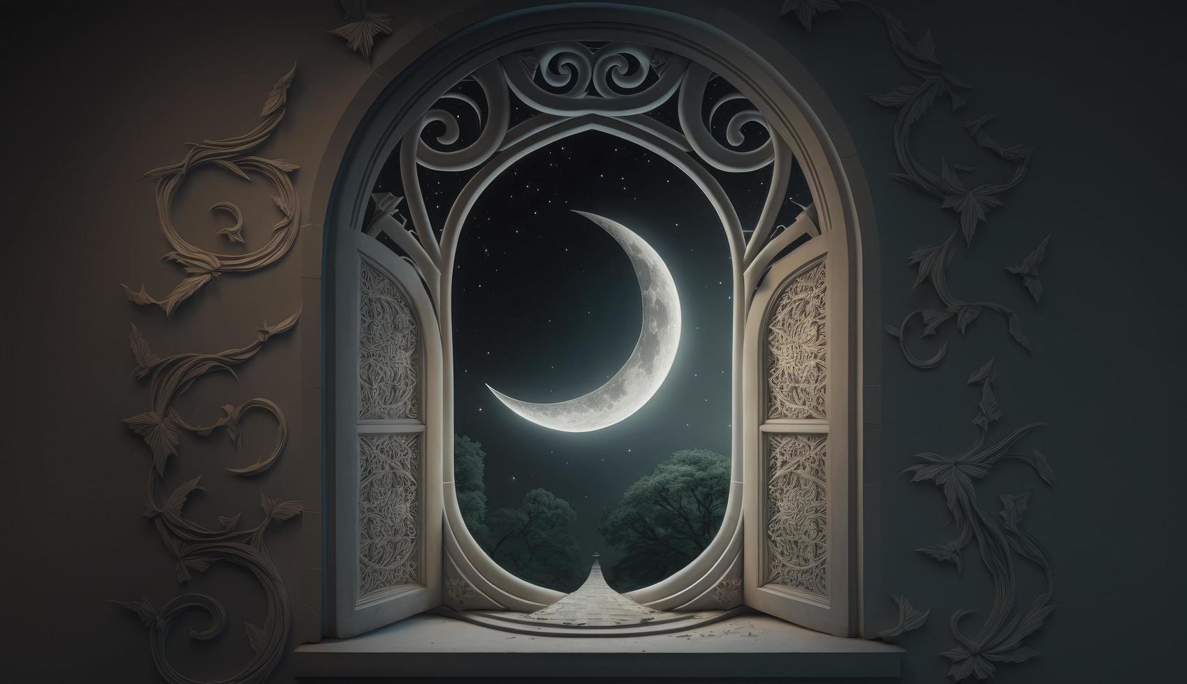 Mystical window with crescent moon in night sky, Islamic greeting Eid Mubarak for Muslim Holidays. Eid-Ul-Adha festival celebration. Arabic Ramadan Kareem, Generate Ai photo