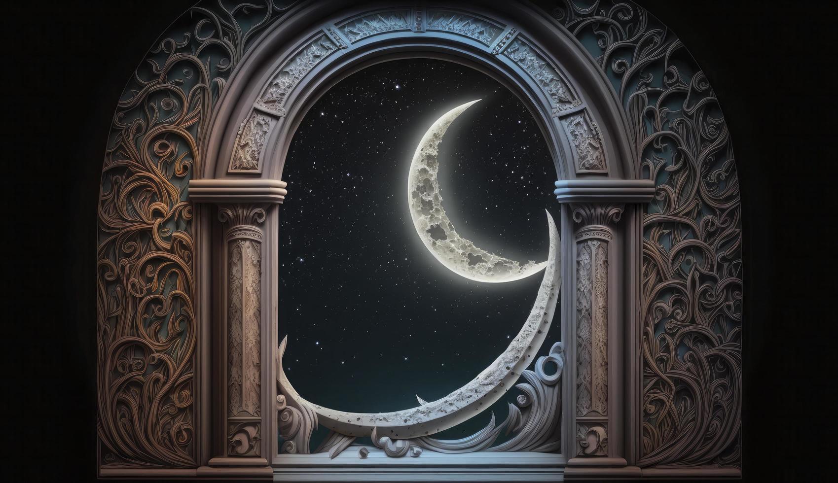 Mystical window with crescent moon in night sky, Islamic greeting Eid Mubarak for Muslim Holidays. Eid-Ul-Adha festival celebration. Arabic Ramadan Kareem, Generate Ai photo