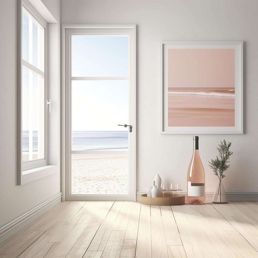 A bottle of unlabeled rose takes center stage in this beautiful and natural scene. Placed on a white wooden floor in front of an open door that leads out to the beach, generat ai photo