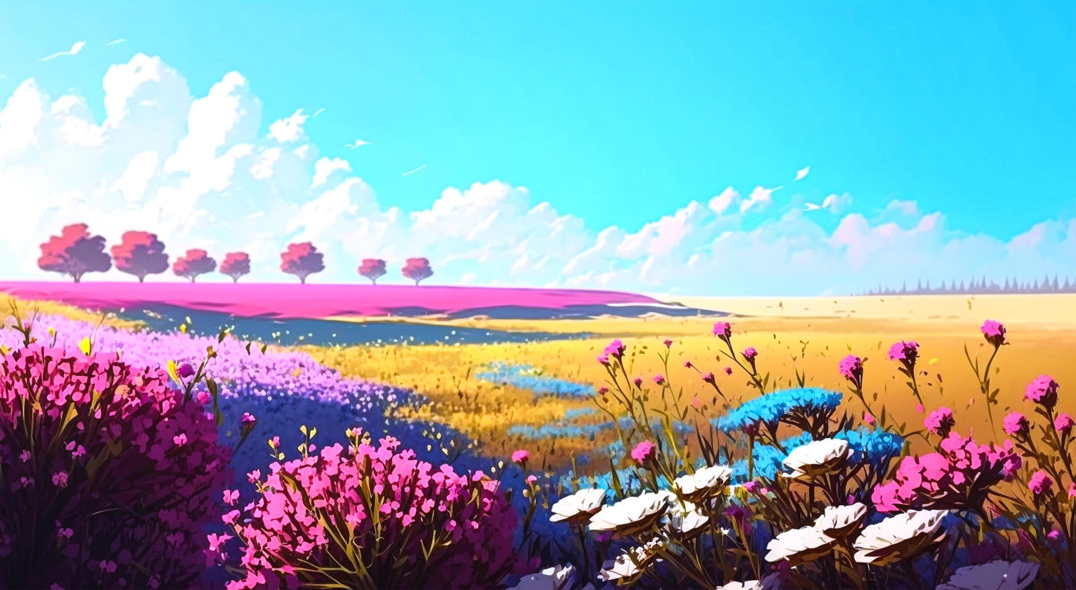Colorful blooming flower field with blue sky. Nature landscape ...