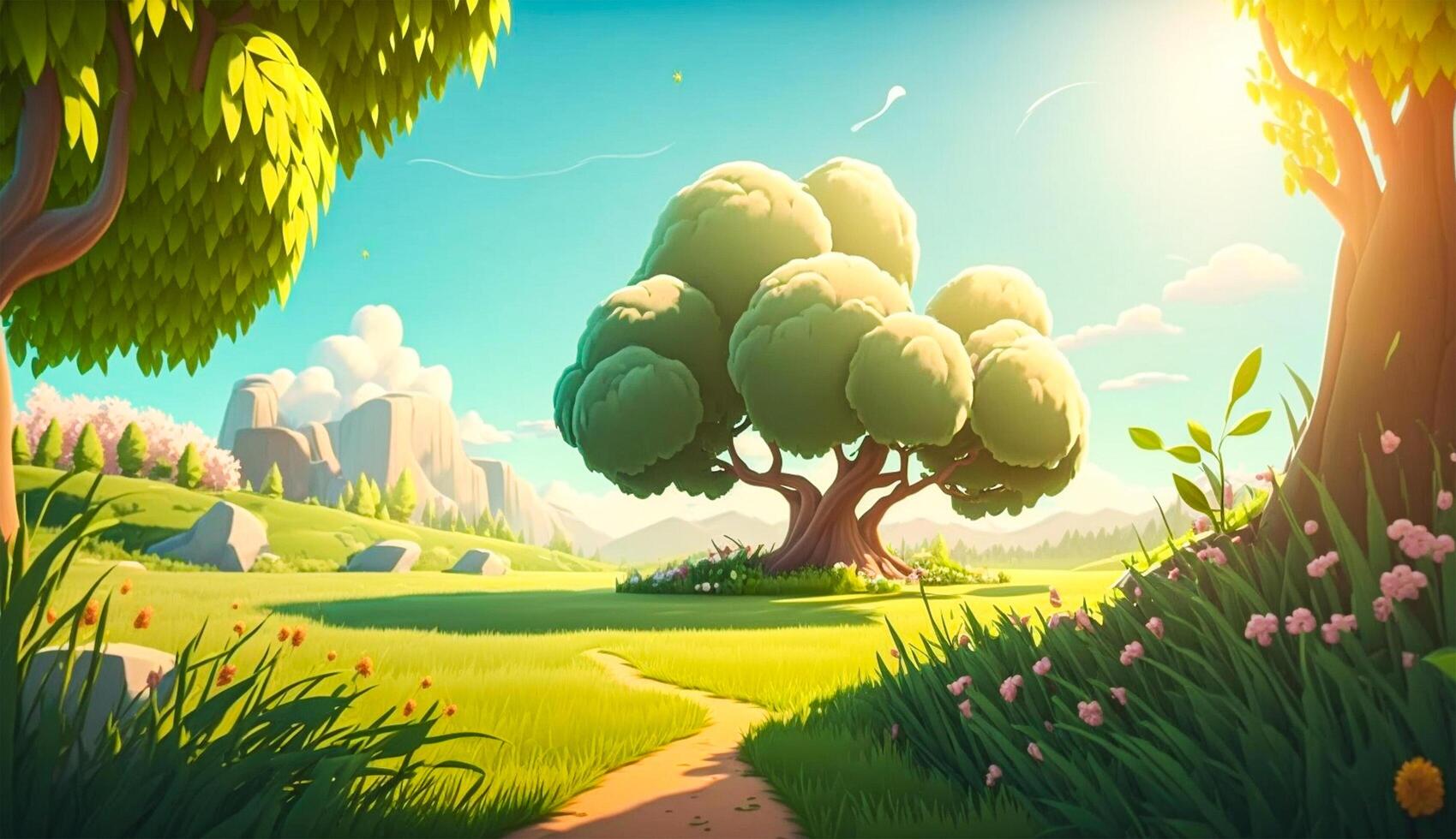 Nature landscape with trees, flowers, hills, and sunlight. Beautiful environment concept art for video games or fiction. Sunny spring forest background. Cute illustration by . Free image. photo