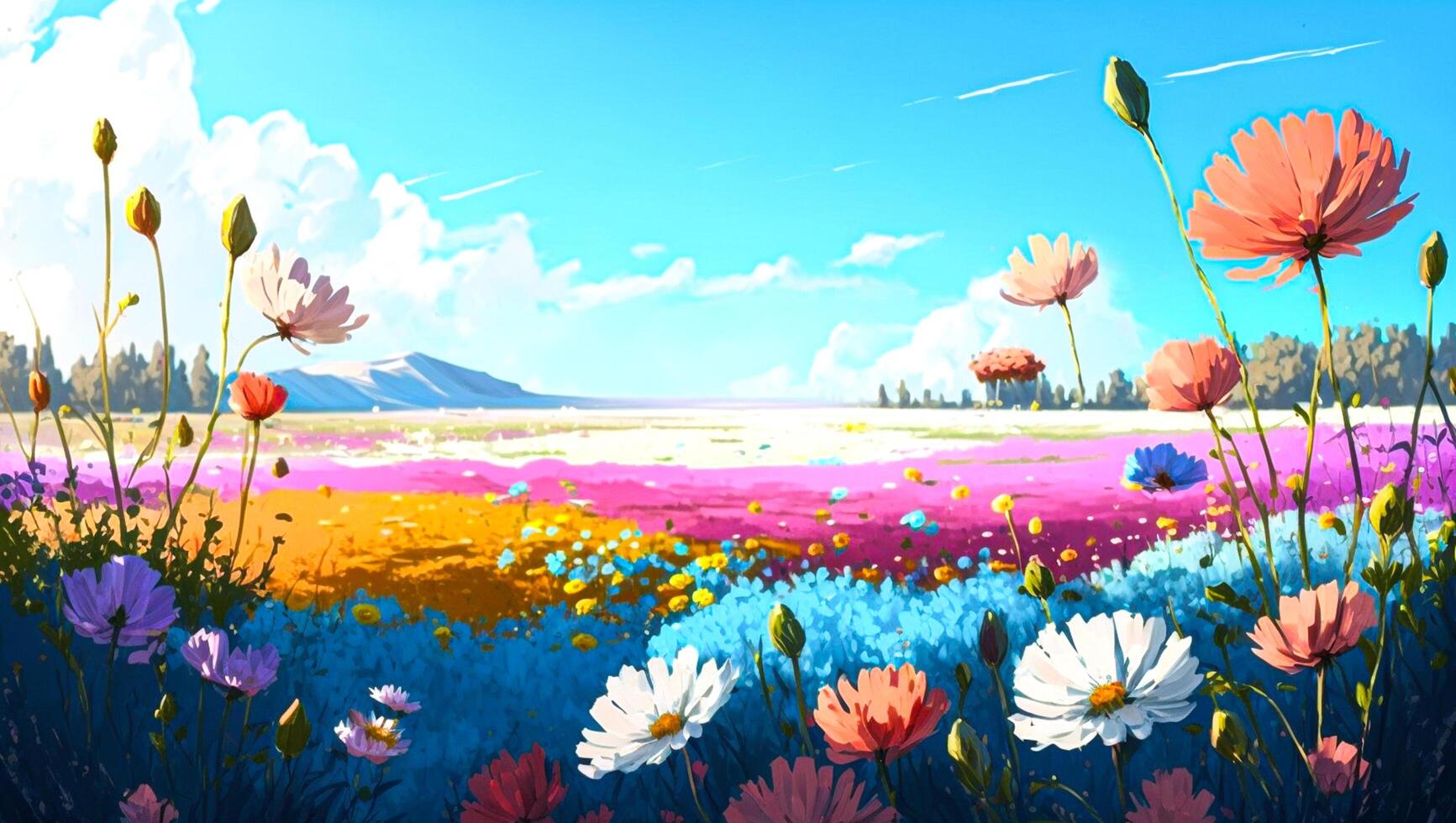 Colorful blooming flower field with warm sunlight and blue sky. Nature landscape. Environment wallpaper. Peaceful spring concept background. Painting style illustration by . Free image. photo