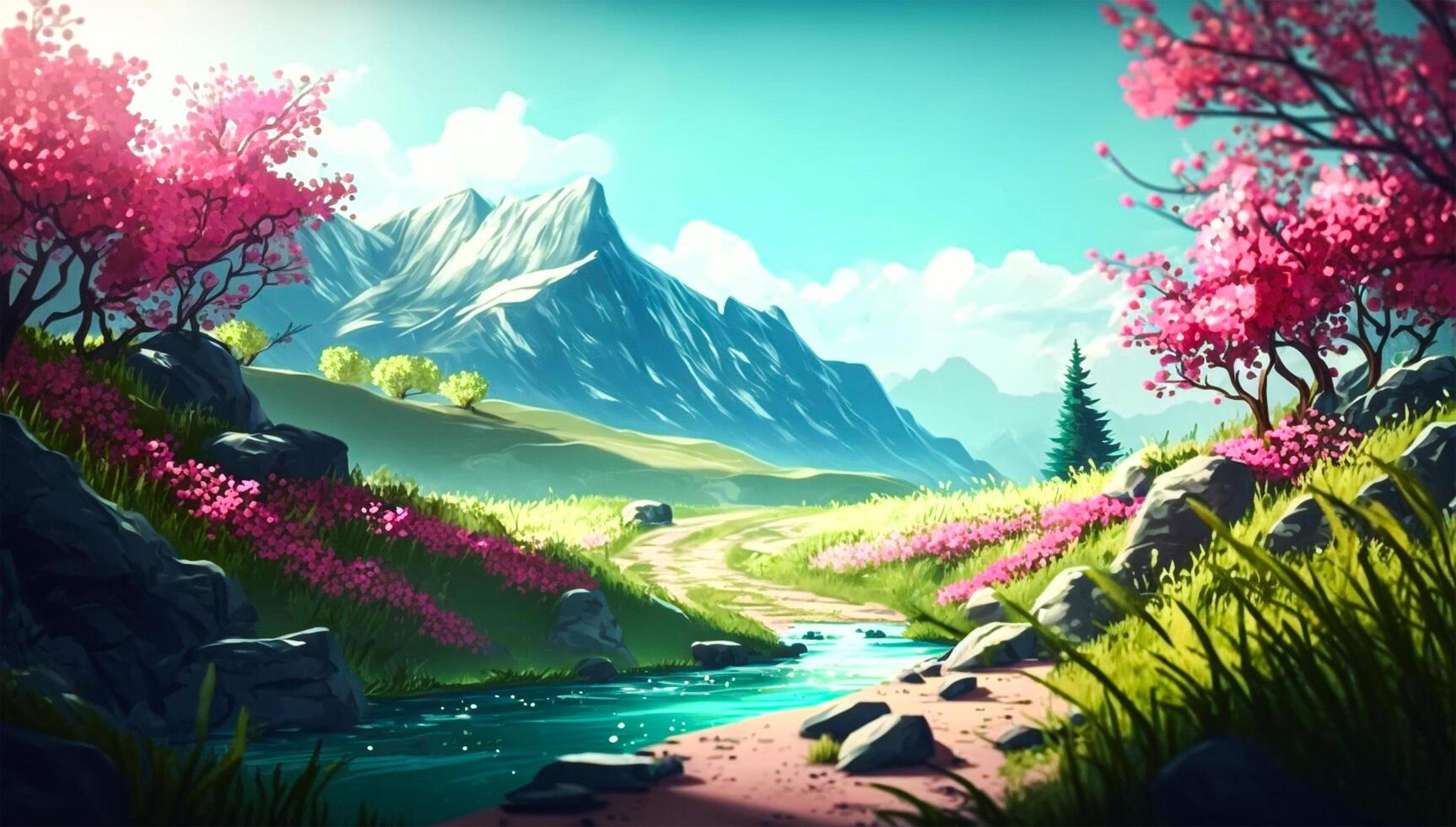 Nature landscape with trees, flowers, hills, and warm sunlight. Beautiful and peaceful environment concept art. Sunny spring forest background. Painting style illustration by . Free image. photo