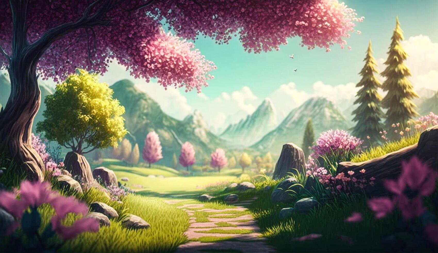 Colorful nature landscape with trees, flowers, and hills. Beautiful fantasy environment concept art for video games or fiction. Sunny spring forest background illustration by . Free image. photo