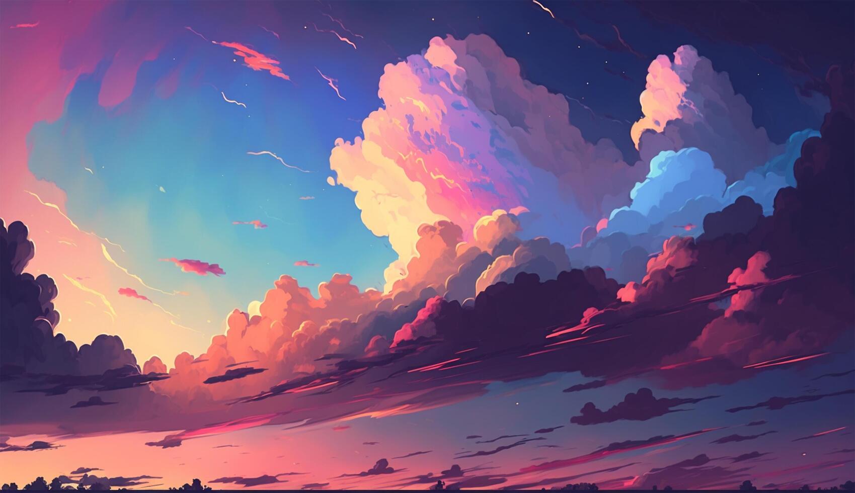 Colorful sky and dense clouds in the evening. Fantasy skyline for concept art. Beautiful twilight or dawn time wallpaper. The scenery of vivid nature background illustration by Ai generated. photo
