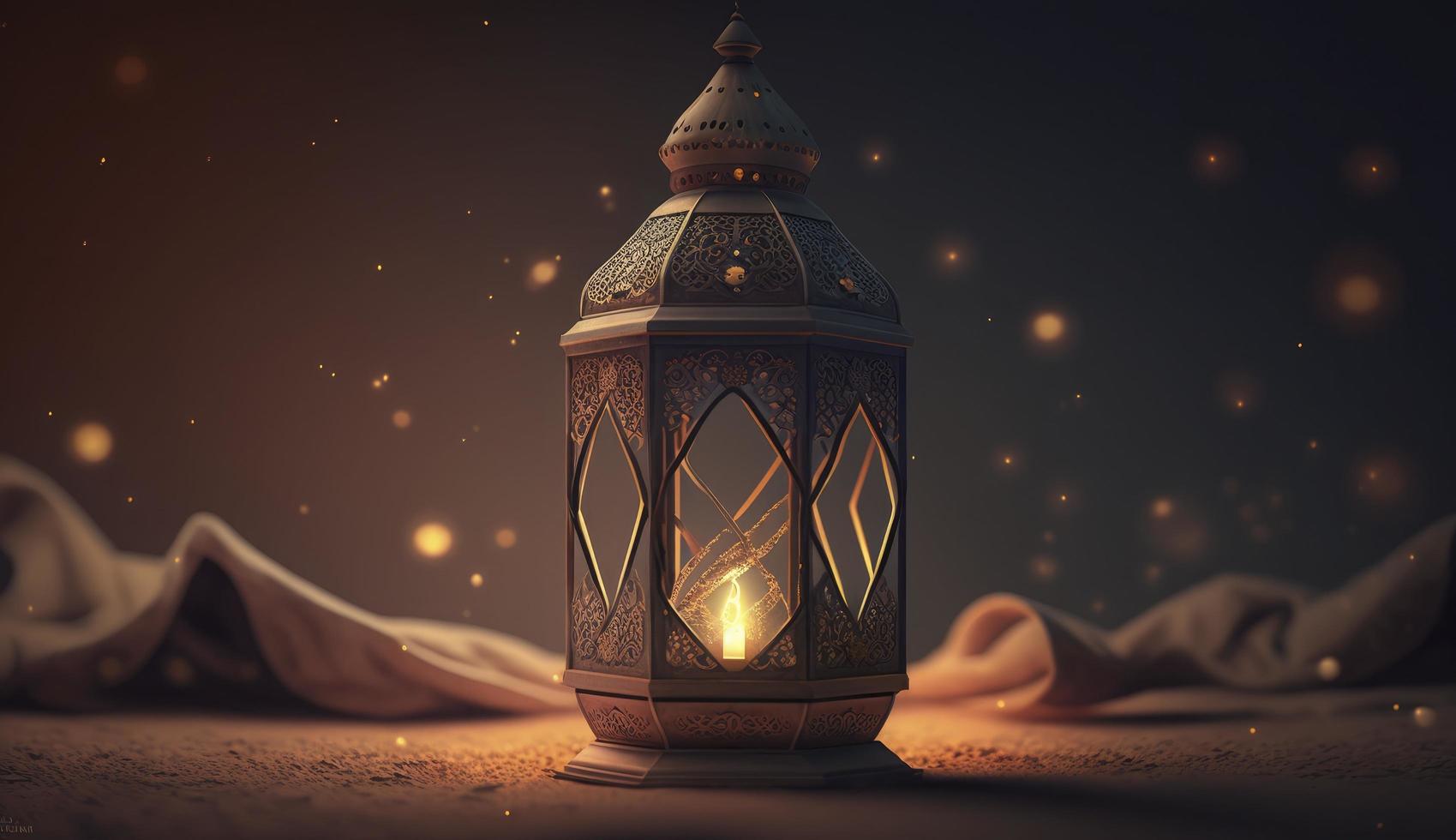 Ornamental Arabic lantern with burning candle glowing . Festive greeting card, invitation for Muslim holy month Ramadan Kareem. Ramadan Kareem greeting photo, Generate Ai photo