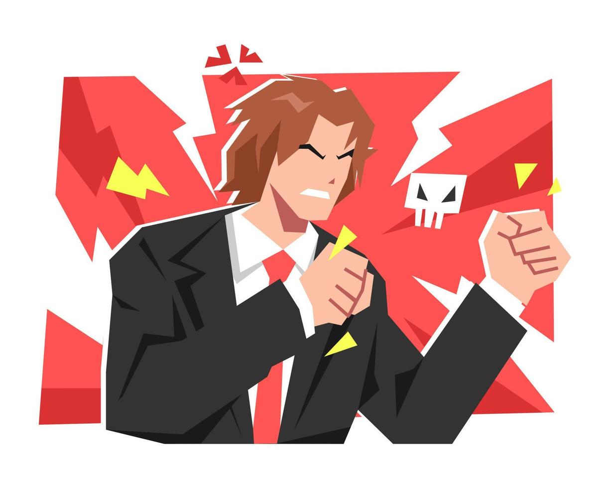 handsome business man is angry, fist clenched, want to punch. angry sign icon, lightning, skull. concept of business, loss, fail, etc. flat vector illustration