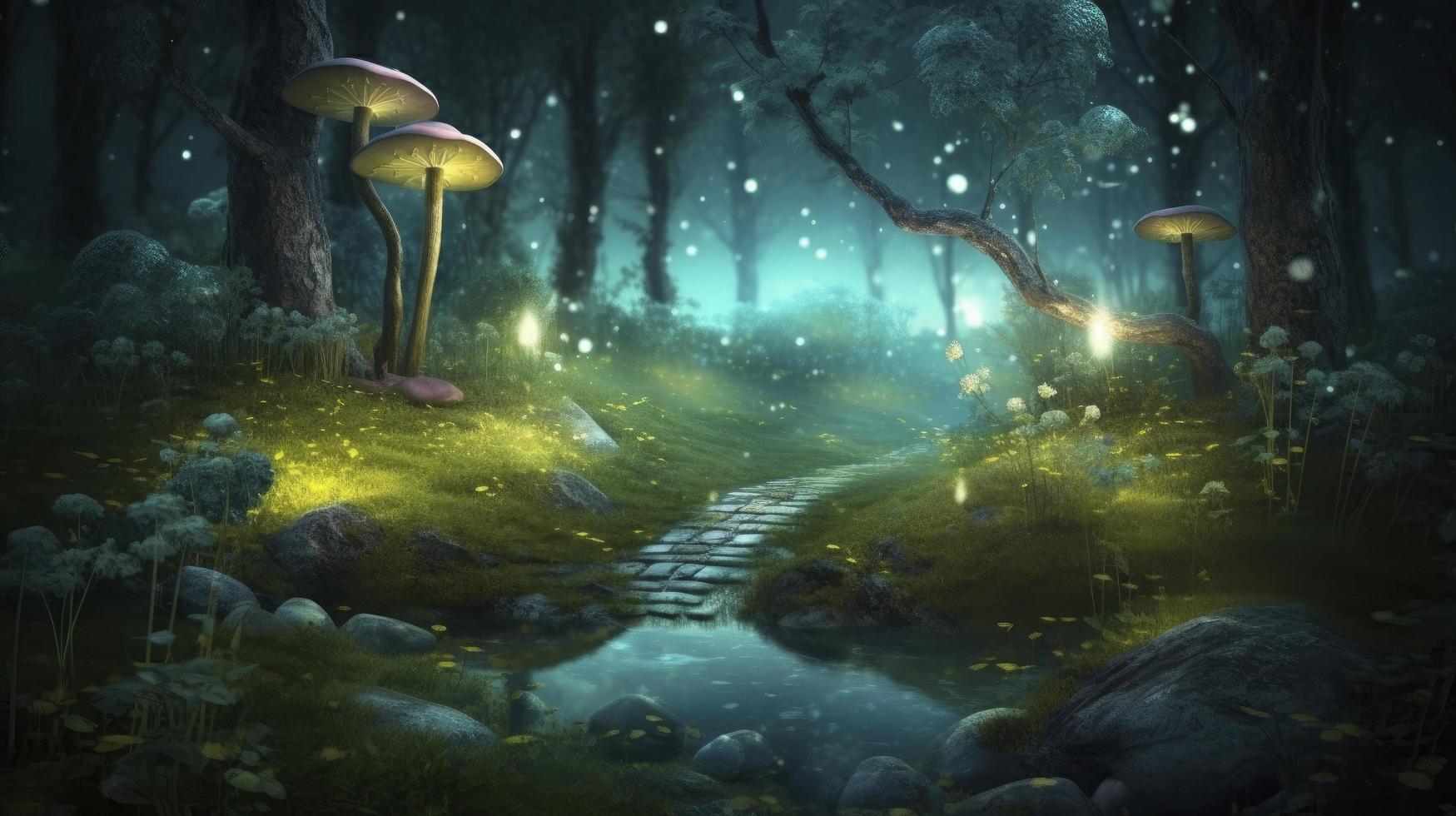 Magical fantasy fairy tale scenery, night in a forest, Generate Ai photo