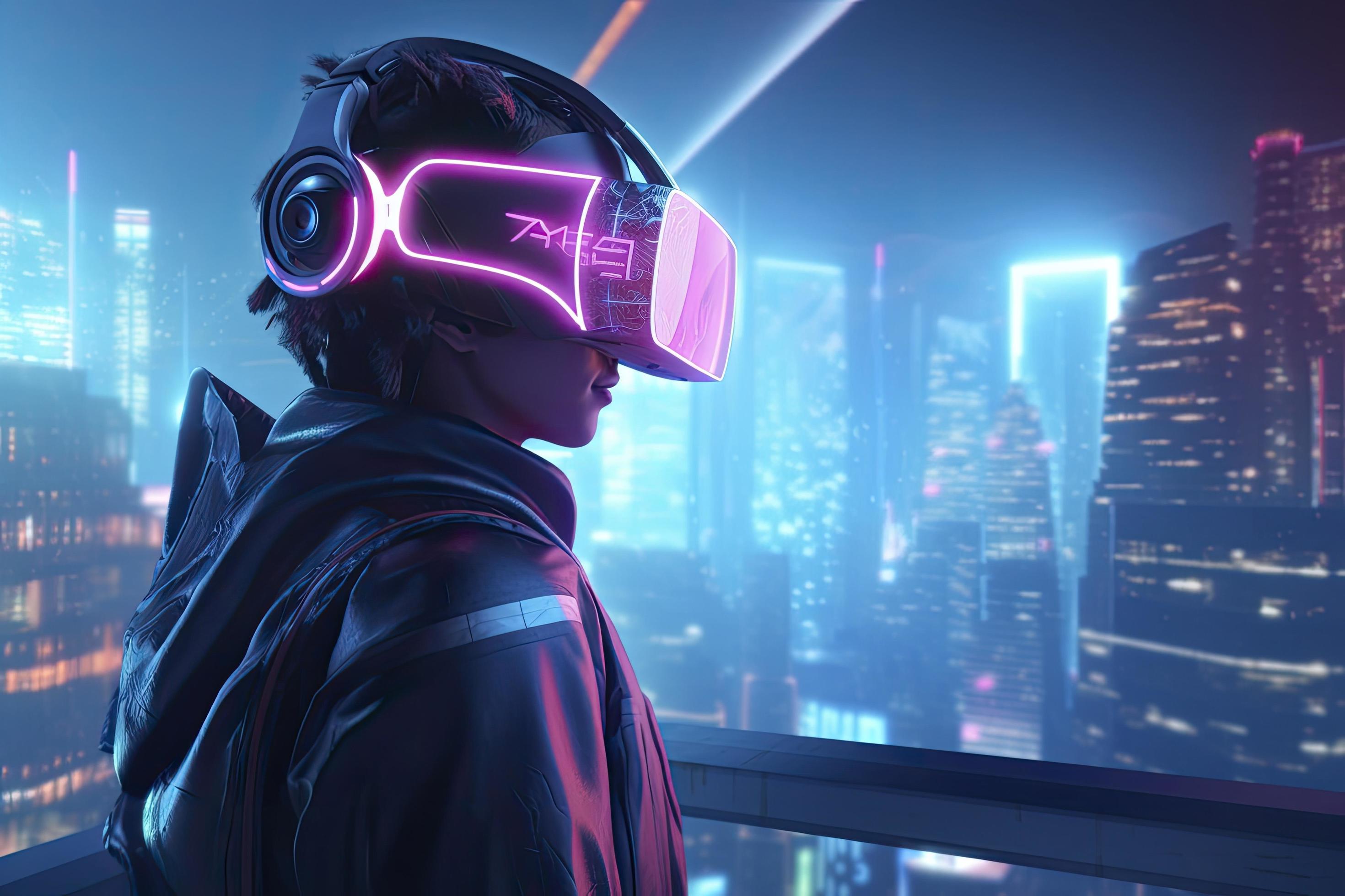 Premium AI Image  A futuristic PC gamer busy in a virtual reality world  surrounded by neon lights advanced technology