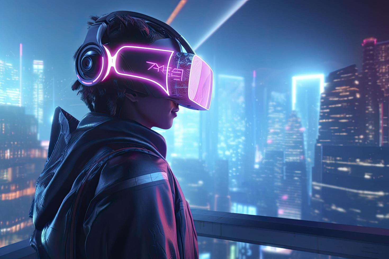 futuro digital tecnología juego y entretenimiento, adolescente teniendo divertido jugar vr virtual realidad mirada sorprendida, deporte juego 3d ciber espacio futurista neón vistoso inteligente ciudad fondo, 8k, generar ai foto